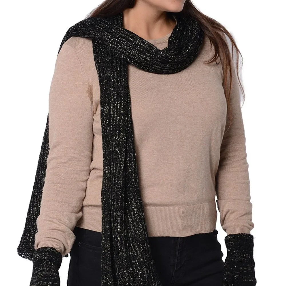 Black Golden Knitted Scarf and Gloves